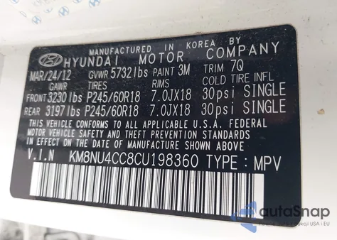 2012 Hyundai Veracruz Limited z USA, uszkodzony, nr VIN KM8NU4CC8CU198360